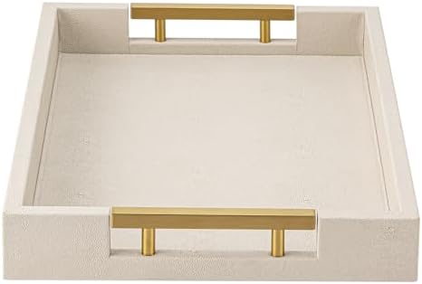 Beige Faux Leather Serving Tray with Handles – Large Decorative Tray for Coffee Table, Ottoman, Living Room, Bathroom – Home Decor