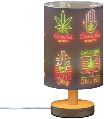 Table Lamp Neon Marijuana Cannabis Hemp Leaf Medical Sign Print Nightstand Lamp with Wood Base Fabric Lamp Shade Bedside Desk Lamp for Living Room Bedroom Kids Room Office