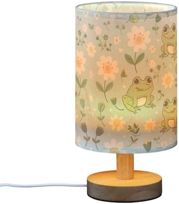Cute Kawaii Frogs LED Table Lamp - Modern Minimalist Bedside Lamp with Round Flaxen Fabric Shade for Nightstand, Perfect for Bedroom Ambiance