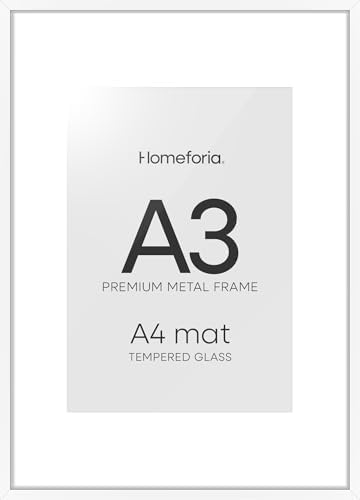 Homeforia A3 White Picture Frame, High-End Metal, A4 Mat, Glass