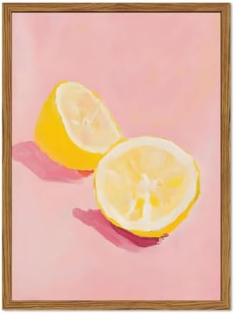 Framed Pink Kitchen Wall Art, Lemon Pictures Wall Decor, Minimalist Dopamine Fruit Paintings Canvas Prints Trendy Preppy Home Decor for Kitchen Dining Room Living Room Dorm 12x16 inch