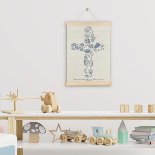 SereneHanctuary Christian Beach Coastal Wall Art, Shell Bible Verses Wall Decor, Christian Poster Hanger Frame for Nursery Room Bedroom Classroom,12X16Inches