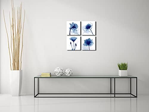 Pyradecor Blue Flickering Flower Abstract Paintings Canvas Wall Art Grace Floral Pictures on Canvas Prints 4 Panels Artwork for Living Room Bedroom Office Home Decorations