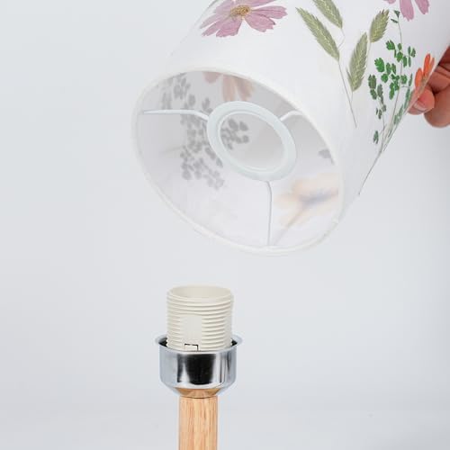 Decorative Table Lamp with Floral Shade Design, Wooden Base, Fabric Lampshade, Ambient Lighting for Bedroom, Living Room (Beige)