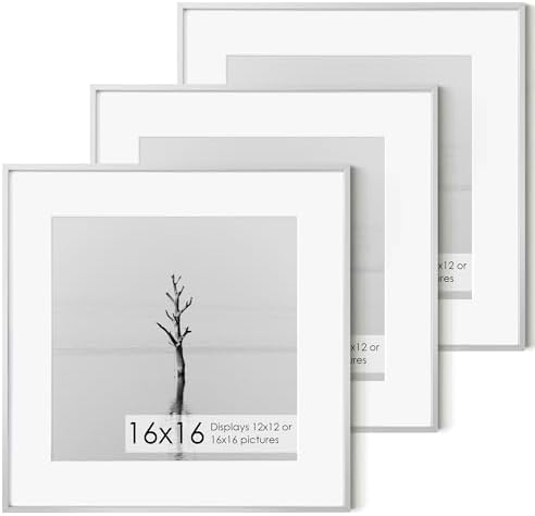 16x16 Metal Picture Frame with 12x12 Mat, Brushed Aluminum Finish, Tempered Glass Front, and Attached Hanging Hardware - Versatile Wall Display Frames for Vertical or Horizontal Orientation(Silver,