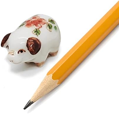 WitnyStore Tiny ¾ Inch Long White Brown Flower Pig Figurine - Miniature Hand Made Painted Ceramic Pigs Swine Hog Piglet Livestock Farm Animals Cute Porcelain Decorative Collectible Figure Décor Gifts
