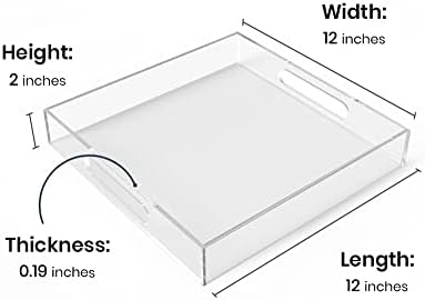 Acrylic Serving Tray (12x12x2Inch) with Handles -Spill Proof- Clear Decorative Tray for Appetizer,Breakfast -Countertop Organizer Storage Tray for Kitchen,Bathroom,Living Room