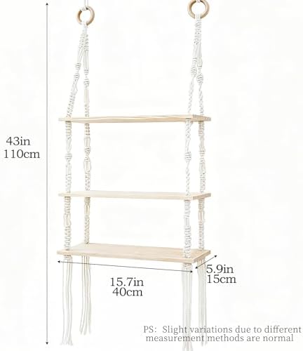 3-Tier Boho Hanging Shelves for Wall - Rustic Floating Wood Shelves with Rope, Macrame Plant Shelf Organizer for Home Decor - Farmhouse, Bohemian Style for Bedroom