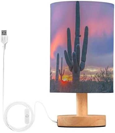 Table Lamp Saguaro Cactus in Sunset Arizona Desert Nightstand Lamp with Wood Base Fabric Lamp Shade Bedside Desk Lamp for Living Room Bedroom Kids Room Office