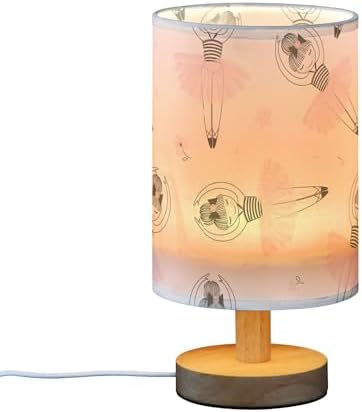 Cute Ballerina Girl Table Lamp with Pink Flower Pattern, Wood Base, Fabric Shade for Bedside, Desk, Living Room, Kids Room, Office