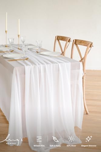 Ling's Moment 14Ft Brilliant White Table Runner, Long Chiffon Table Runners
