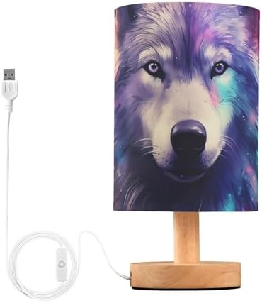 Wolf Starry Table Lamp Bedside Lamps with USB Port,Wood Base Round Flaxen Fabric Shade for Bedroom