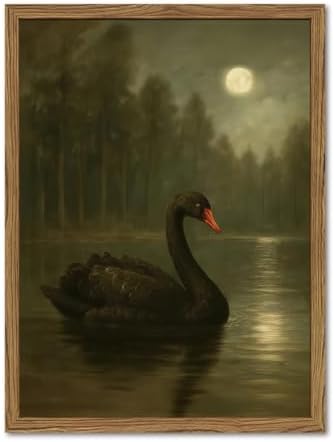 Framed Moody Black Swan Wall Art, Vintage Moonlit Lake Painting, Dark Academia Gothic Picture Wall Decor,Mystical Night Landscape Artwork for Living Room Bedroom Offices 16x24 inch