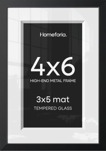 Homeforia 4x6 Black Picture Frame, High-End Metal, 3x5 Mat, Glass