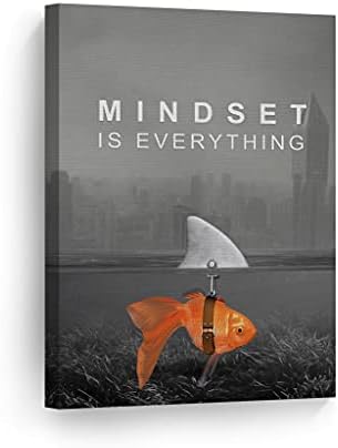 Smile Art Design Mindset is Everything Wall Art Canvas Print Black and White Goldfish Shark Entrepreneur Inspirational Motivational Quote Living Room Office Decor Ready to Hang 22x15