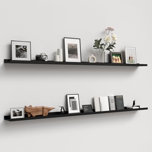 Boswillon Floating Shelves Set of 2, Long Wall Shelf with Lip, 72in, Black