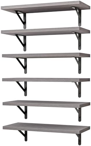 YGEOMER 16.5in Floating Shelves for Wall Home Decor, Wood, Grey, Set of 6