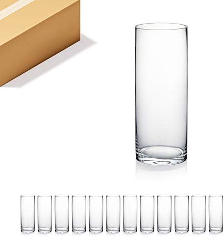 WGVI Quality Thick Weighted Clear Cylinder Glass Vases, 4"W x 10"H, Flower Arrangement Floating Candle Holders Wedding Centerpieces Terrarium Planter Floral Storage Container, Bulk Wholesale, 12 Pcs