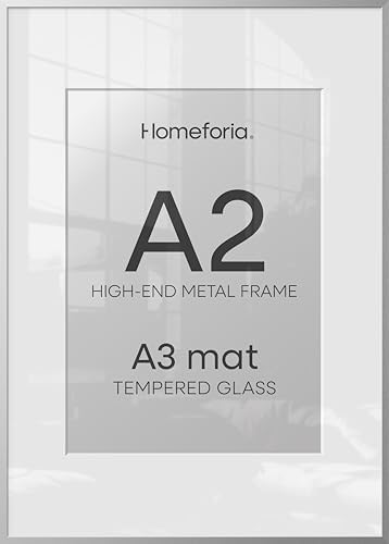 Homeforia A2 Silver Picture Frame, High-End Metal, A3 Mat, Glass