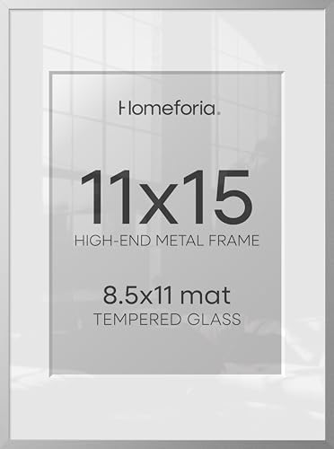 Homeforia 11x15 Silver Picture Frame, High-End Metal, 8.5x11 Mat, Glass