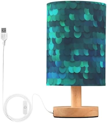 Bright Blue Mermaid Sequin Scale Table Lamp with Wood Base Fabric Lamp Shade Bedside Nightstand Desk Lamp for Living Room Bedroom Kids Room Office