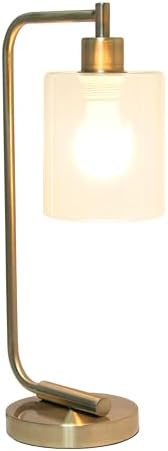 Simple Designs LD1036-ABS-LB 18.8" Industrial Bronson Antique Style Iron Lantern Desk Table Lamp with Glass Shade for Office, Living Room, Bedroom, Antique Brass, with Feit LED Bulb Included