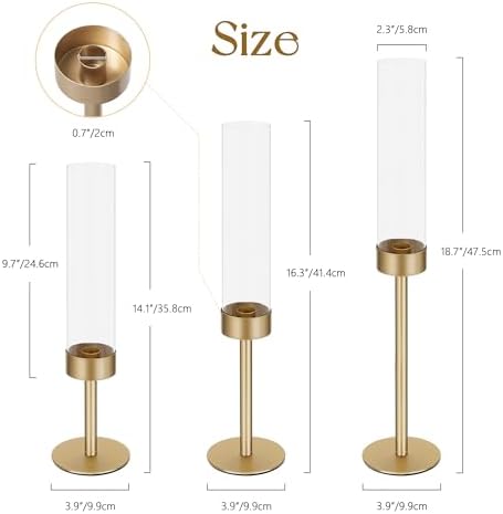 Ronasip Hurricane Candle Holders Set of 3, Matte Gold Metal Taper Candlestick Holders with Clear Glass Chimney Cylinder Tubes, Tall Candle Stands for Wedding, Christmas, Dining Table Centerpiece Decor