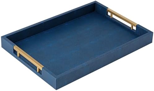 Navy Blue Faux Leather Serving Tray with Handles – Large Decorative Tray for Coffee Table, Ottoman, Living Room, Bathroom – Home Decor