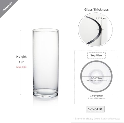 WGVI Quality Thick Weighted Clear Cylinder Glass Vases, 4"W x 10"H, Flower Arrangement Floating Candle Holders Wedding Centerpieces Terrarium Planter Floral Storage Container, Bulk Wholesale, 12 Pcs