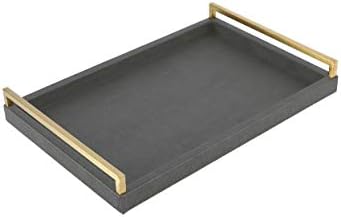 17.8 * 11.8" Grey Shagreen Large Serving Tray with Brushed Gold Handle,Faux Leather Home Decorative Tray, Coffee Table Tray for Living Room, Dinning, Vanity （Grey