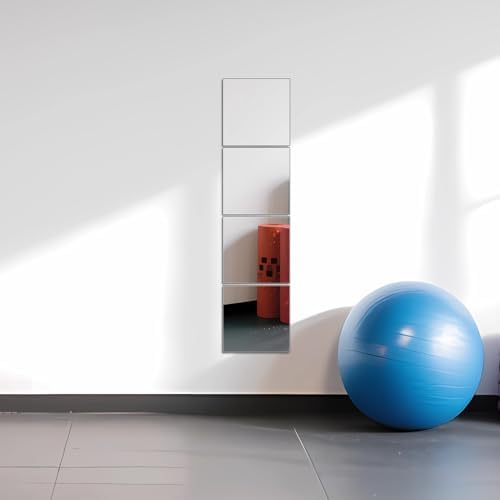Glass Full Length Wall Mirror Tiles, 10" x 10" x 4PCS Home Gym Mirror | Frameless Wall Mounted Mirror for Garage, Bedroom, Living Room, Over The Door