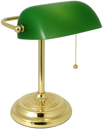 LIGHTACCENTS Traditional Banker’s Desk Lamp with Green Glass Shade and Brass Base – Classic Desk Lamp with Pull Chain, Office Lighting, Vintage Style Reading Light