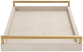 Ivory Shagreen Leather Serving Tray with Gold Handles-17.7x11.8 Inch Large Wooden Decorative Ottoman Tray fro Coffee Table, Kitchen, Dining, and Home Decor (Ivory)