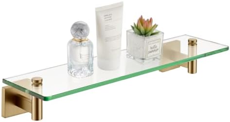 KOKOSIRI Wall Shelves Bathroom Hardware Glass Floating Shelf 20-Inch for Bedroom, Living Room, Kitchen, Hanging Rack Champagne Bronze B1105CPG-L20