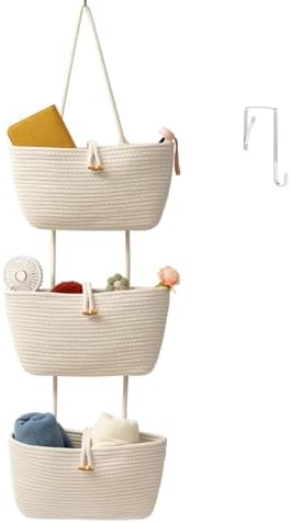 TeoKJ Over the Door Hanging Baskets with Button Strap, 3-Tier Woven Cotton Storage Organizer Bag, Wall-Mounted with Hook Decorative Hanging Kitchen Baskets - White