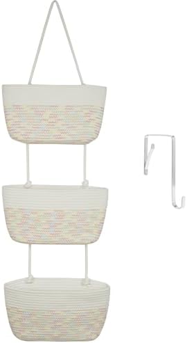 TeoKJ Over the Door Hanging Basket, 3-Tier Woven Cotton Wall-Mounted Storage Organizer Bag Decorative Hanging Nursery Baskets, White & Rainbow Stitching
