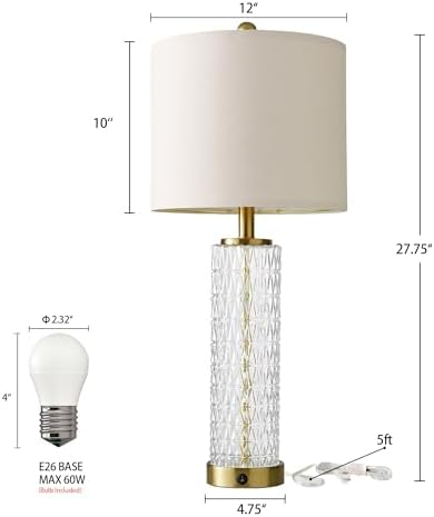 Oneach 27.75” Table Lamps Set of 2, Gold Modern Bedside Lamp with LED Night Light, USB A+C, Glass Lamps for Living Room, Bedroom, Nightstand, Office, End Table (2 Bulbs Included)