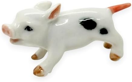 WitnyStore Tiny 1¾" White Black Standing Look Left Baby Pig Figurine - Miniature Hand Made Ceramic Pigs Swine Hog Piglet Livestock Farm Animal Cute Porcelain Decorative Collectible Figures Décor Gifts