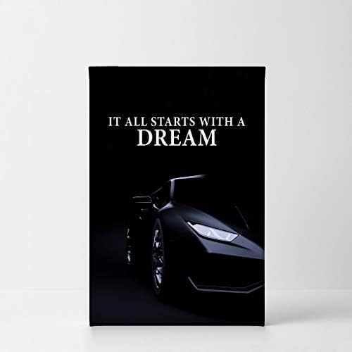 Smile Art Design It All Starts with a Dream Black Sports Car Luxury Motivational Wall Art Canvas Print Inspirational Wall Art Entrepreneur Quote Office Living Room Decor Gift Ready to Hang 22x15