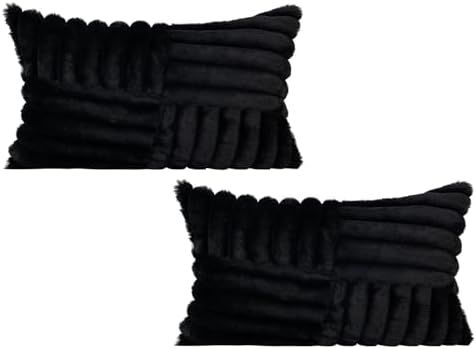 All Smiles Black Faux Fur Decorative Throw Pillow Covers 12x20 Set of 2