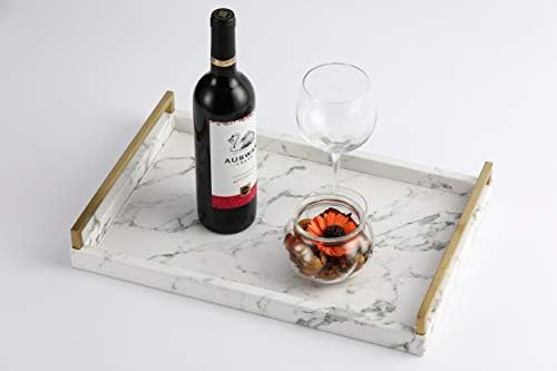 17.8 * 11.8" White PU Leather Marble Finish Decorative Tray Serving Tray with Brushed Gold Handle for Coffee Table, Console Table, Ottoman