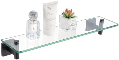 KOKOSIRI Bathroom Shelves Glass Floating Shelf 20-Inch for Bedroom, Living Room, Kitchen, Storage Hanging Rack Rustproof Wall Mounted Black B1105BK-L20