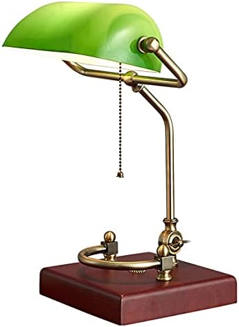 Table lamp Emerald Green Glass Reading Light Wooden Base 1920's Classic Banker lamp Green Pull Switch LED Desk lamp Adjustable 360 Degree lampshade Office/Bedroom/Study E27… (Model-C)