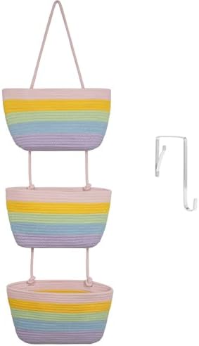 TeoKJ Over the Door Hanging Basket, 3-Tier Woven Cotton Wall-Mounted Storage Organizer Bag Decorative Hanging Nursery Baskets, Rainbow