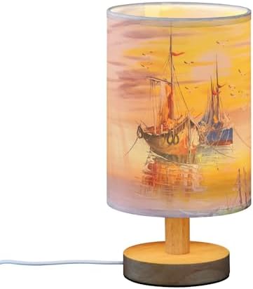 Table Lamp Venice Italy Sailboat Pirate Ship Sunset Ocean Nautical Nightstand Lamp with Wood Base Fabric Lamp Shade Bedside Desk Lamp for Living Room Bedroom Kids Room Office