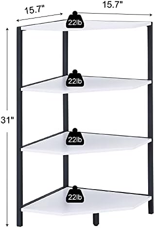 VECELO 31 Inch Corner Shelf, 4-Tier Display Shelves, Wood Storage Stand with Metal Frame, Multipurpose Shelving Unit for Small Space, Home Office, White