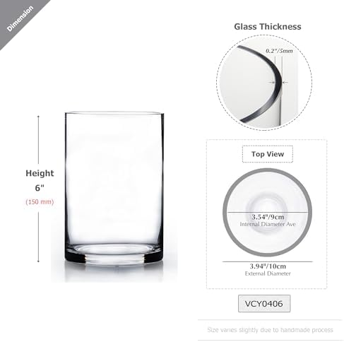 WGVI Quality Thick Weighted Clear Cylinder Glass Vases, 4" W x 6" H, Flower Arrangement Glass Candle Holders Wedding Centerpieces Terrarium Planter Floral Storage Container Pen Brush Holder, 1 Piece
