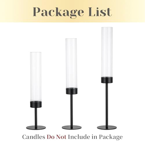 Hewory Black Taper Candle Holders: Candlestick Holders Set of 3 Hurricane Glass Tall Candle Holder for Candlesticks Candle Sticks Holder Decor for Table Centerpiece Wedding Party Christmas Decorations