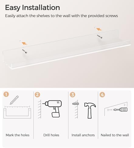 HBlife 24 Inches Floating Shelves Wall Mounted Clear Acrylic Shelves for Figures, 16 Inch Stud Spacing Invisible Floating Bookshelf for Kids and Nursery, 2 Pack (5MM Thick)