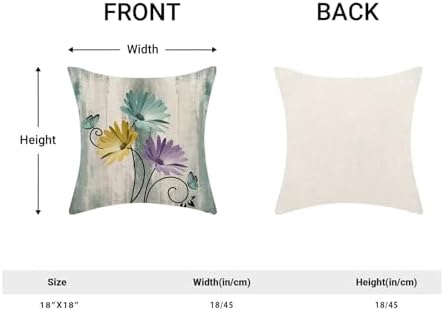 Turquoise Yellow Purple Floral Pillow Covers 18 x 18 Inch Set of 2 Daisy Floral Butterfly Decorative Throw Pillow Covers Linen Rustic Farmhouse Cushion Cases for Home Sofa Couch Living Room Decor
